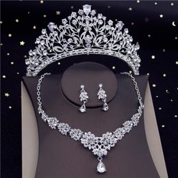 Earrings & Necklace Luxury Clear Crystal Tiaras Bridal Jewelry Sets Fashion Crown Choker Women Wedding Dress Bride Set