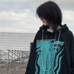 HOUZHOU Streetwear Women Anime Hoodie Harajuku Gothic Punk Kpop Oversize Pullover Long Sleeve Chain Sweatshirt Korean Fashion 211206