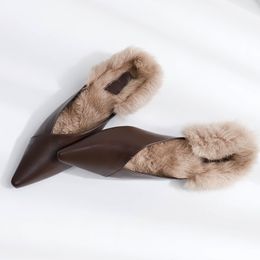 Womens genuine leather kitten heel pointed toe slip-on slides rabbit fur winter warm casual mules elegant ladies casual shoes
