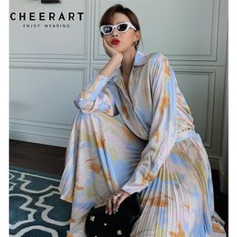 CHEERART Tie Dye Pleated Skirt Midi Autumn Blue Long High Waist Skirts Womens Swing Korean Fashion Ladies Skirt Fall 210310