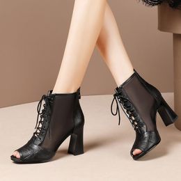 Summer Shoes Women Lace Up Ankle Boots Open Toe Pumps Mesh Gladiator Sandals Ladies High Heels Sandals botas mujer 8222N