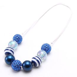 cute baby Jewellery fashion blue stripe rhinestone chunky bubblegum beads necklace handmade girls kids adjustable rope chain necklace