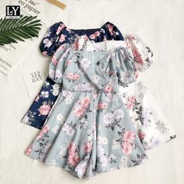 LY VAREY LIN Summer Women Casual Floral Square Collar Jumpsuit Shorts Bohemian Short Sleeve High Waist 210526