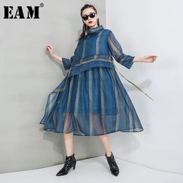 [EAM] Femmes rayé Perspective Mesh Split Robe Nouveau Turtleneck Turtleneck Manches Trois-quarts Fit Fit Fashion Spring Automne 2021 1T554 210316