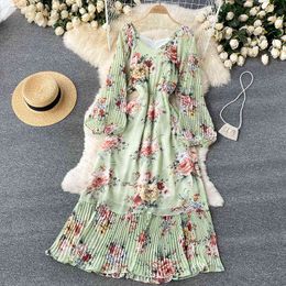 Beiyingni Women Long Maxi Dress Floral Print Fashion Gentle Style Vintage V-neck Dresses Ladies Pleated Chiffon Vestidos Robe Y1204