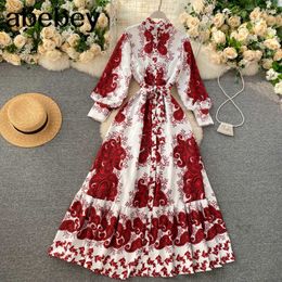 Women Design Print Maxi Dress Autumn Retro Stand Collar Long Sleeve A-line Dress Korean Chic Split Streetwear Long Robe 210715