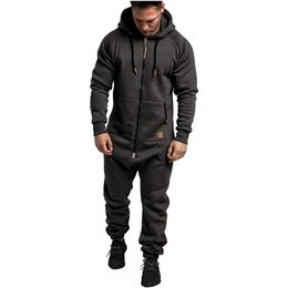 Tracksuits men's hooded fleece one-piece solid Colour matching casual suit for men