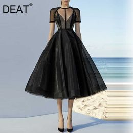 [DEAT] Summer Fashion Round Neck High Waist Knee-length Short Sleeve Solid Color Ball Gown Dress Women 13C783 210527