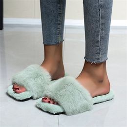 COOTELILI Winter Women Home Slippers Square Toe With Faux Fur Fashion Keep Warm Shoes Woman Slip on Flats Plus Size 41 42 43 Y1120