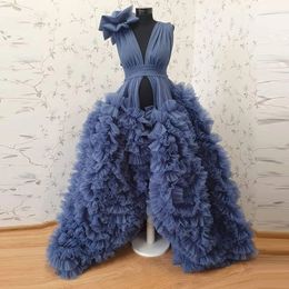 Maternity Sleepwear Puffy Navy Blue Deep V Neck Sleeveless Tulle Prom Gowns Front Open Ruffled Pleated Long Photography Women Dresses