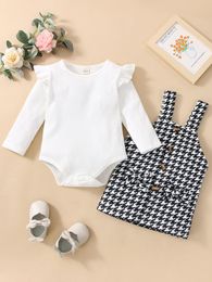 Baby Ruffle Trim Bodysuit & Houndstooth Overall Dress SHE