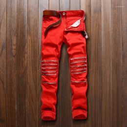 Wholesale-2021 Free Men's Knee Zipper Jeans Red Destroyed Elastic Hole Skinny Denim Pants Fashion Street Trouser