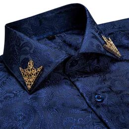 Fashion Royal Blue Paisley Men Shirts Business Casual Long Sleeve Slim Fit Dress Soft Comfort 100% Silk DiBanGu 210626