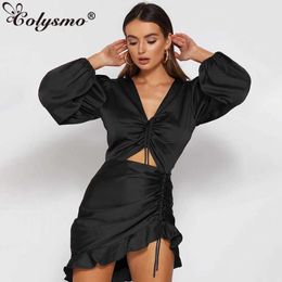 Colysmo Elegant Summer Dress Women Black Long Lantern Sleeve V Neck Ruffles Bandage Ladies Evening Beach Party es 210527