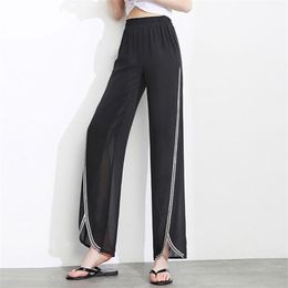 Silk Chiffon Pants Wide Leg Women's Trousers High Waist Summer Thin Loose Split Straight Cropped Trouser 210601