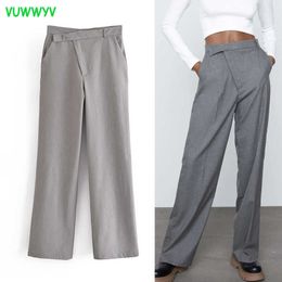 VUWWYV Za Grey Wide Leg Woman Pants Summer Fashion High Waist Sweatpants Women Retro Straight Asymmetric Trousers Female Q0801