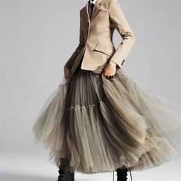 90 cm Runway Luxury Soft Tulle Skirt Hand-made Maxi Long Pleated Skirts Womens Vintage Petticoat Voile Jupes Falda 210309
