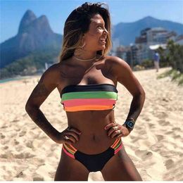 Bandeau Bikinis Striped Swimsuit Backless Separate Swimwear Summer Beach Wear Quick Dry Brazilian Biquinis Female Bathing Suits 210629