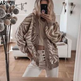 Spring Autumn Oversized Sweater Leopard Cardigan Casual Loose Female Knitted V-neck Jumper Fall Women Clothing 210917