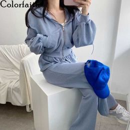 Colorfaith 2020 New Autumn Winter Women Sets Two Pieces Top And Pant Set Sportswear Pockets Zipper Hooded Tracksuit Suits WS0017 Y0625