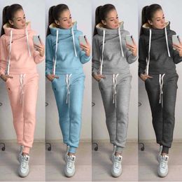 Sports Suit Female Fashion Drawstring Solid Colour Hooded Tracksuit Casual O-Neck Long Sleeve Sports Suits For Women Plus Size Y0625