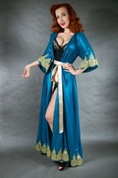 Royal Blue Bride Sleepwear Robes With Belt Soft Silk Satin Gold Lace Custom Made Women Sleepwear Formal Pyjamas Hot Sale