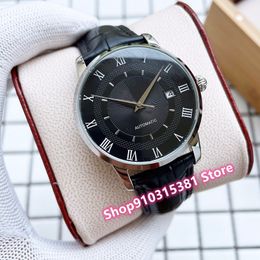 Classic Men Stainless Steel Date Watches Black Leather Automatic Mechanical Geometric watch Male Roman Number clock 40mm
