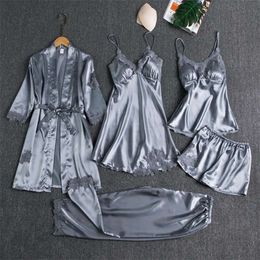 Sleepwear Sleep Suit Female 5PCS Pajamas Set Sexy Satin Pyjamas Lace Bridal Wedding Nightwear Satin Nighty&Robe Home Wear 210928