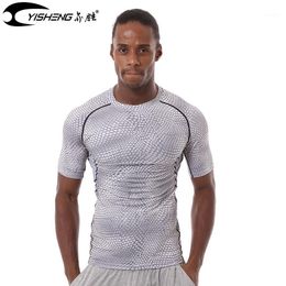 Running Jerseys YISHENG Qucik Dry 3D Printing Sports Fitness Elastic Mens Short-sleeved Workout T-shirt Gym Slim Fit Muscle Training Tshirt