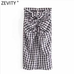Zevity Mulheres Vintage Manta Impressão Arco Knotted Design Split Split Skirt Faldas Mujer Femme Voltar Zipper Chic Midi Vestido Qun762 210603