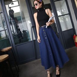 Fashion Women Denim Skirt Solid Color High Waist Single Breasted Autumn Ladies Girls Long Jean Umbrella Skirts Faldas Mujer Dress