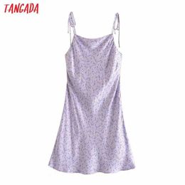 Tangada Women Purple Flowers Print Dress Strap Adjust Sleeveless Fashion Lady Sexy Dresses Vestido 3H493 210609