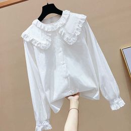 Sweet Lace Peter Pan Collar Loose Full Solid Shirt with Bottom Coat Flare Sleeve Blouse Women 210615