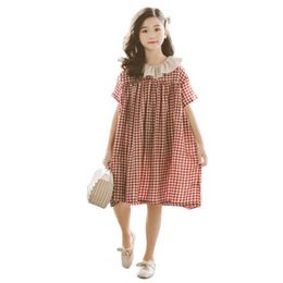 2021 Summer Girls Plaid Loose Dress New Spring Kids Preppy Style Knee Length Peter Pan Collar Dress 5 6 8 10 11 12 14 Years Old Q0716