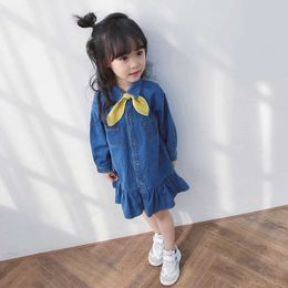 Spring Autumn Fashion Long Sleeve Denim Dress Kids Girls Turndown collar Refflues Casual Princess Dresses Clothing 210615