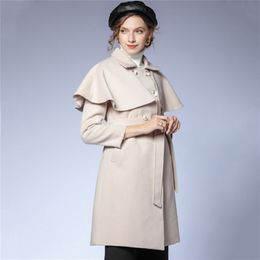 Woolen coat retro shawl cloak coat lace up slim mid-length thick woolen cloth 211018