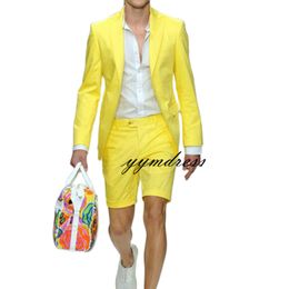 Yellow Beach Wedding Tuxedos Groom Wear Men Suits With Short Pants 2 Piece(Jacket+Pant+Tie) Summer Stylish Prom Casual Style Slim Blazer Holiday Outfits Beachwear