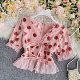 Shining Pink Strawberry Mesh Sexy V Neck Blouses Woman Summer Puff Sleeve Blusa Shirts Casual Sweet Tops Female 210719