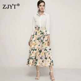Spring Fashion Runway Two Piece Outfit Women White Shirt and Floral Print Skirt Suit Office Lady Holiday Casual Twinset 210601