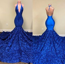2021 Royal Blue Evening Dresses Halter Backless Appliques Rose Flowers Sexy Mermaid Prom Dress Custom Made Formal Party Gowns