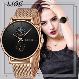 LIGE Womens Watches Top Brand Luxury Waterproof Fashion Ladies Stainless Steel Ultra-Thin Casual Wrist Quartz Clock 210616