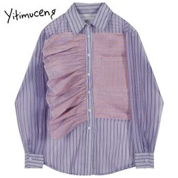 Yitimuceng Striped Patchwork Ruffles Blouse Women Button Up Shirts Loose Spring Long Sleeve Turn-down Collar Sweet Tops 210601