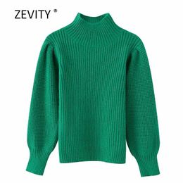 women fashion green Colour turtleneck casual knitting sweater female simply puff sleeve Jumpers chic brand pullover tops S333 210603