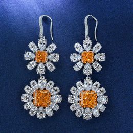 Charms 925 Sterling Silver 10*10mm Sunflower Topaz Aquamarine Lab Diamond Hanging Earrings For Women Wedding Party Fine Jewelry