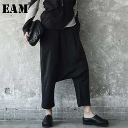 [EAM] Spring Solid Colour High Elastic Waist Black Losoe Knitting Split Joint Cross Pants Women Trousers Fashion JE8 211115
