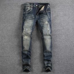 Italian Style Fashion Men Jeans Slim Fit Elastic Cotton Embroidery Designer Ripped Retro Vintage Denim Pants SXPA