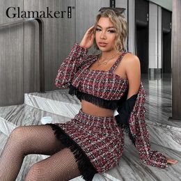 Glamaker Red wine Tweed Plaid 2 piece skirts suits Women autumn sleeveless tassel croppped top and skirt Grace Party office sets 211119