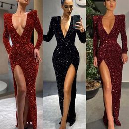 Black Bury Red Sheath Dresse Deep V Neck Long Sleeves Sequins Floor Length Formal Dress Prom Gowns Party Wear Robe De Soiree