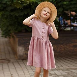 Girls dress summer new Korean children's round neck cotton and linen short sleeve sweet princess dress TZ05 210303