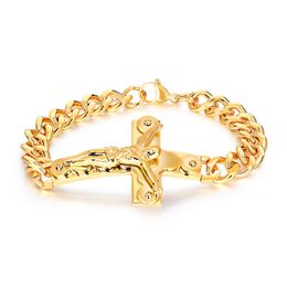 Crucifix Cross Link Chain Bracelets Gold Plated Yellow Copper Faith Bracelet for Men Fashion Religious Jewellery